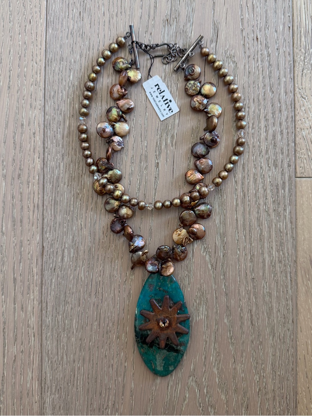 Relative Jewelry Turquoise Spur Rowel Bronze Pearl Western Statement Necklace